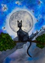 Cat on the background of the moon watercolor illustration.