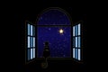 Black Cat sitting on the window at night look at the night sky and the shining stars, Sirius star, vector illustration Royalty Free Stock Photo
