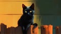 Black cat sitting on a wooden fence at sunset. Vector illustration. Royalty Free Stock Photo