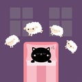 Black cat sleeping. Jumping sheeps. Cant sleep going to bed concept. Counting sheep. Cute cartoon kawaii baby animal set. Blanket