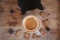 A black cat sniffs coffee and cookies Royalty Free Stock Photo