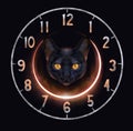 A black cat with solar eclipse. Clock dial face. Digital illustration.
