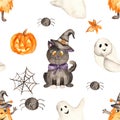 Halloween watercolor seamless pattern with black cat, spider, monster, pumpkin, hat