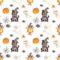 Halloween watercolor seamless pattern with black cat, spider, monster, pumpkin, hat on a white background