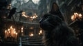A black cat is standing in front of a building with candles and a crow Royalty Free Stock Photo
