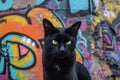 black cat standing next to graffiti on building with eyes partially open Royalty Free Stock Photo