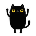 Black cat standing. Waving hand paw. Funny head face icon. Kitten with yellow eyes. Cute cartoon funny baby character. Kawaii Royalty Free Stock Photo