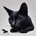 Black cat staring at a fly, crouching on white background Royalty Free Stock Photo