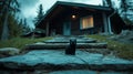 Black Cat by a Stone Path Leading to a Cozy Cabin in a Forest Setting During Dusk Royalty Free Stock Photo