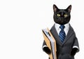 A black cat in a strict business suit is holding a folder with papers. Space for text. Royalty Free Stock Photo
