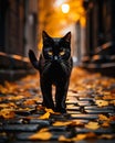 The Black Cat That Walks on a Cobblestone Road at Night Royalty Free Stock Photo