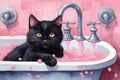 A black cat washes up in a pink bathroom