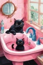 A black cat washes up in a pink bathroom