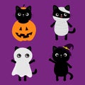 Black cat wearing mummy mum, witch hat, pumpkin, ghost spirit monster costume. Kitten set. Happy Halloween. Funny face. Cute Royalty Free Stock Photo