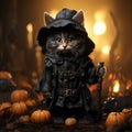 Black cat wearing a witch hat. Cute Kitten Dressed as a Halloween Witch With Hat and pumpkin Royalty Free Stock Photo