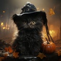 Black cat wearing a witch hat. Cute Kitten Dressed as a Halloween Witch With Hat and pumpkin Royalty Free Stock Photo