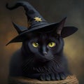 Black cat wearing witch hat. Hallowen.