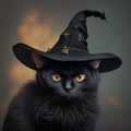 Black cat wearing witch hat. Hallowen.