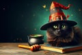 black cat wearing a witch's hat is sitting on a table next to a book and a jar Royalty Free Stock Photo