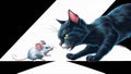 A black cat and white mouse in a triangle with the cat looking at it, AI Royalty Free Stock Photo