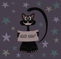 A black cat wishes good night. Cartoon illustration