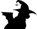 Black cat in witch hat and with bat wings profile silhouette Royalty Free Stock Photo