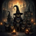 Black cat in witch hat among Halloween pumpkins Royalty Free Stock Photo