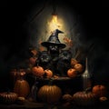 Black cat in witch hat among Halloween pumpkins Royalty Free Stock Photo