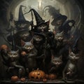 Black cat in witch hat among Halloween pumpkins Royalty Free Stock Photo