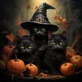 Black cat in witch hat among Halloween pumpkins Royalty Free Stock Photo