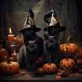 Black cat in witch hat among Halloween pumpkins Royalty Free Stock Photo