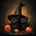 Black cat in witch hat among Halloween pumpkins Royalty Free Stock Photo