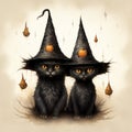 Black cat in witch hat among Halloween pumpkins Royalty Free Stock Photo