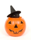 Black cat with witch hat in jack o lantern Royalty Free Stock Photo