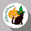 Black cat in witch hat, pumpkin and hand drawn text 
