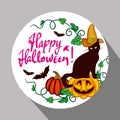 Black cat in witch hat, pumpkin and hand drawn text 