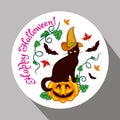 Black cat in witch hat, pumpkin and hand drawn text 