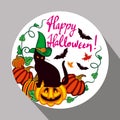 Black cat in witch hat, pumpkin and hand drawn text 