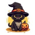 Black cat in witch hat and pumpkin jack lantern. Halloween vector illustration Royalty Free Stock Photo
