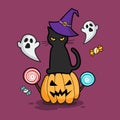 Black cat in a witch hat sitting on a Halloween pumpkin doodle style Royalty Free Stock Photo
