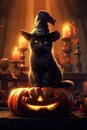 Black cat with witch hat sitting on a jack o lantern Royalty Free Stock Photo