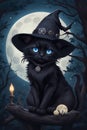Black cat in witch hat sitting on a tree branch. Royalty Free Stock Photo