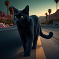 Black cat with yellow eyes crosses road, close-up. Bad omen, superstition, magic, sorcery, Royalty Free Stock Photo