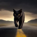 Black cat with yellow eyes crosses road, close-up. Bad omen, superstition, magic, sorcery, Royalty Free Stock Photo