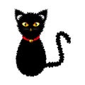 Black Cat with Yellow Eyes and Golden Ball Bell Red Choker. Halloween Day. Vector Illustration . on white Background Royalty Free Stock Photo