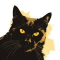 a black cat with yellow eyes looking at the camera with a yellow light on its face and a black cat with yellow eyes looking at Royalty Free Stock Photo