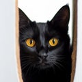 a black cat with yellow eyes peeking out of a cardboard box