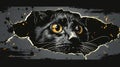 A black cat with yellow eyes peeking out of a hole in the wall, AI Royalty Free Stock Photo