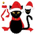 Black Cat with Yellow Eyes. Santa Hat, Red Ribbon Scarf and Golden Jingle Bell Ball. Christmas Day. Vector Illustration Royalty Free Stock Photo