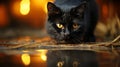 A black cat with yellow eyes in street